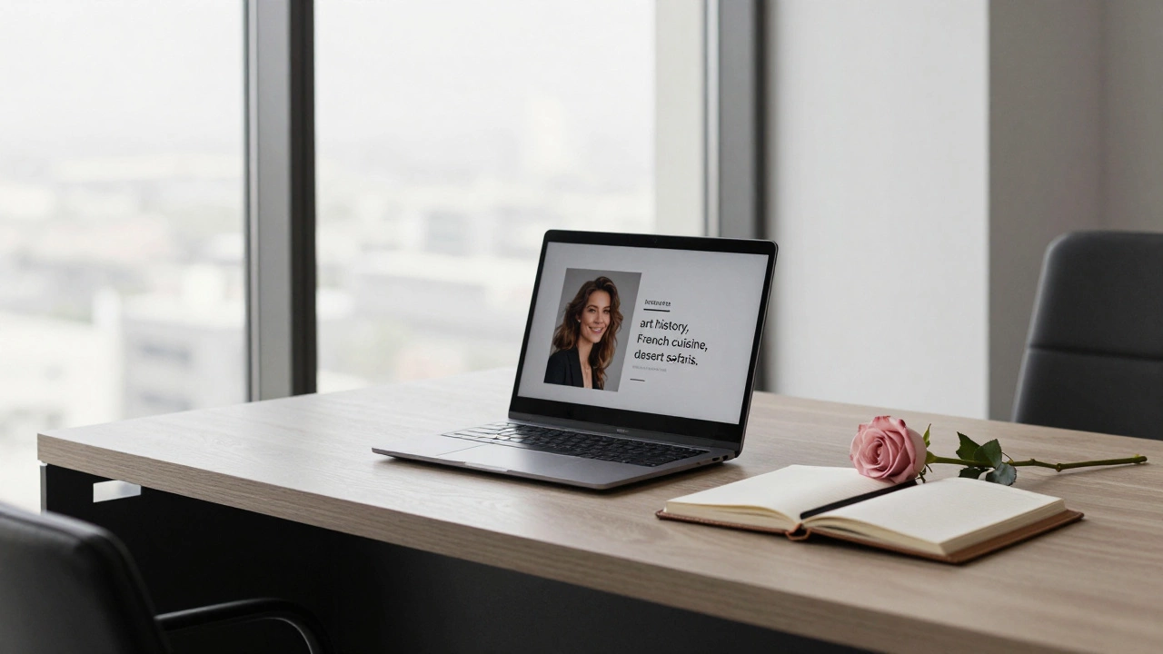 A discreet professional profile displayed on a laptop in a quiet office setting.