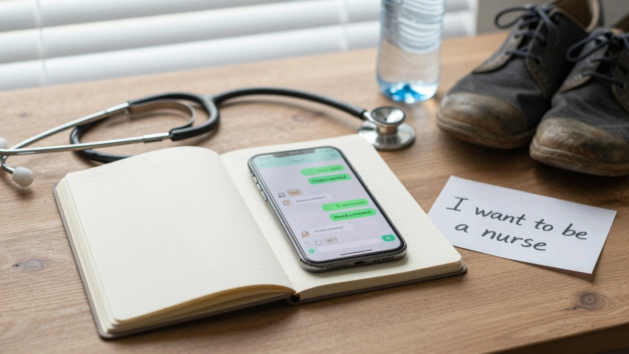 A personal space with a phone showing safety messages and a note about dreams beyond survival