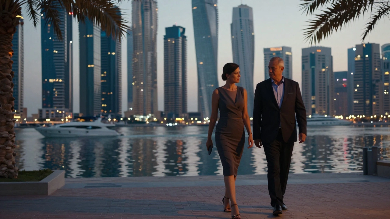 A woman and man walk peacefully along Dubai Marina at dusk, reflections on the water.