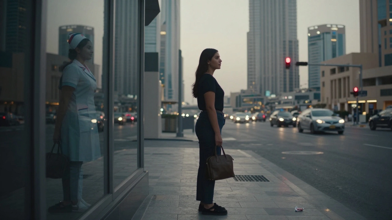 A woman at dawn in Dubai, her reflection showing a forgotten dream of becoming a nurse